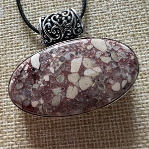 Brecciated Jasper or Mookaite Vintage Style Silver Overlay Pendant Necklace